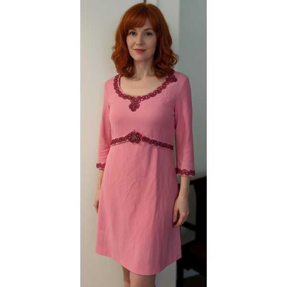 HANDMADE Vintage 60s/70s Pink Poly Red Sequin Lace 3/4 Sleeve Shift Dress S-M - Picture 1 of 6